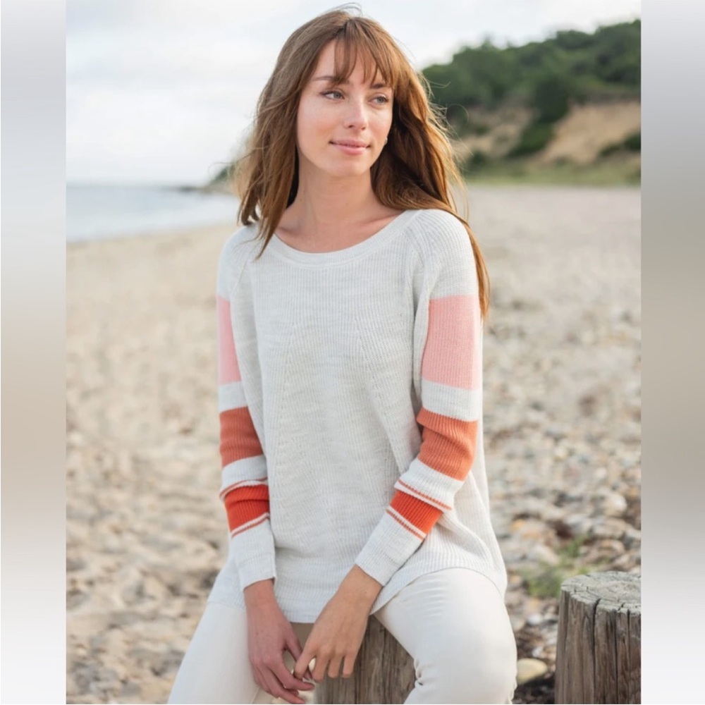Mersea Camden striped traveler sweater sea salt coral rose OS button back